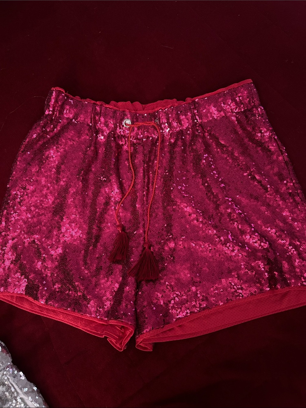 Sequin Tassel Drawstring Shorts - Fuchsia Pink